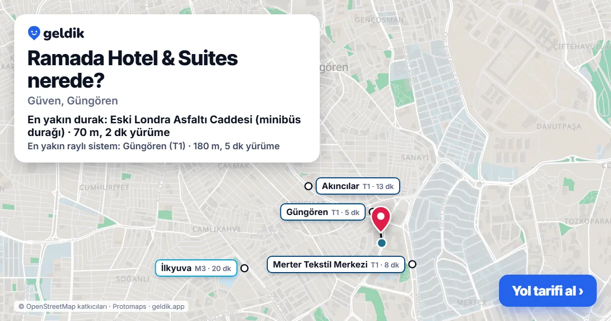 Where is Ramada Hotel & Suites: map with its location and the nearest stops, with walking times
