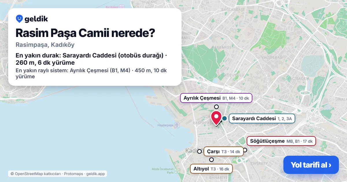 Rasim Paşa Camii nerede: haritada konumu ve en yakın duraklar, yürüme süreleriyle