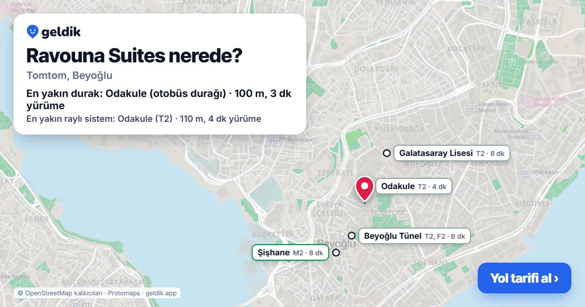Ravouna Suites nerede: haritada konumu ve en yakın duraklar, yürüme süreleriyle