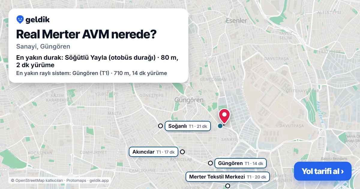 Real Merter AVM nerede: haritada konumu ve en yakın duraklar, yürüme süreleriyle