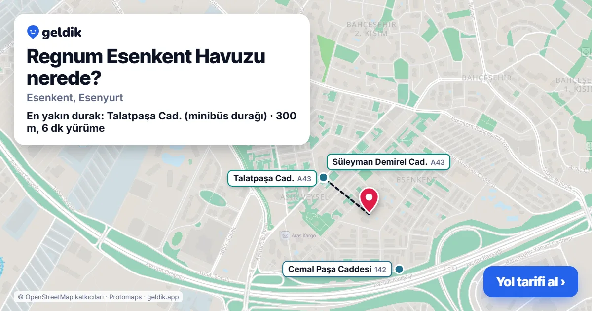 Where is Regnum Esenkent Havuzu: map with its location and the nearest stops, with walking times