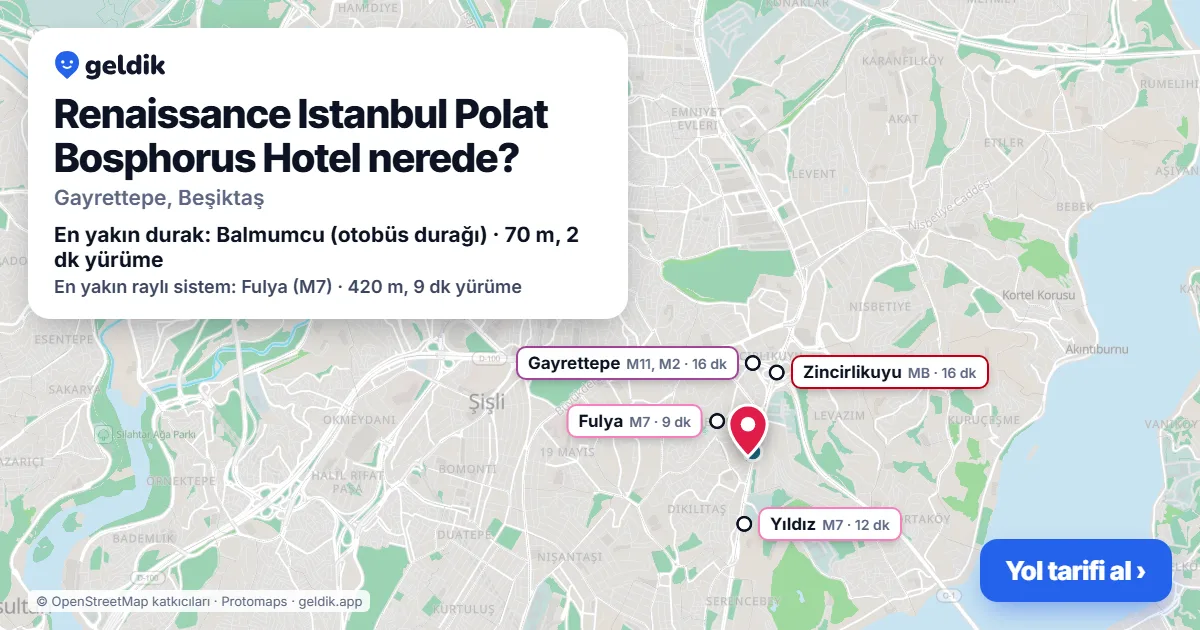 Where is Renaissance Istanbul Polat Bosphorus Hotel: map with its location and the nearest stops, with walking times