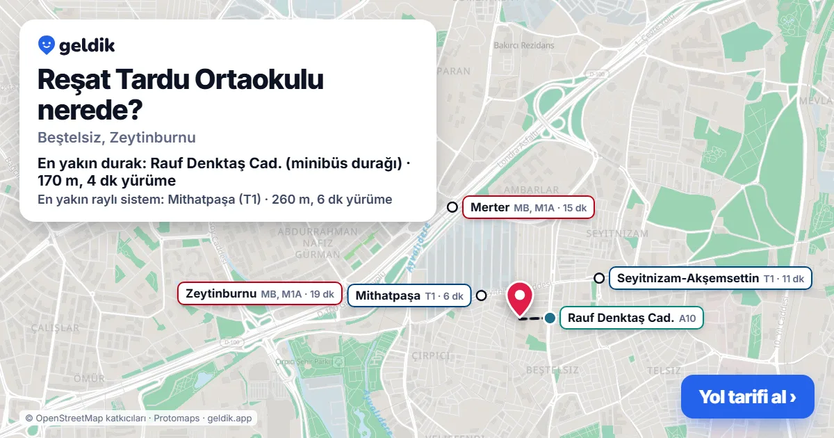 Where is Reşat Tardu Ortaokulu: map with its location and the nearest stops, with walking times