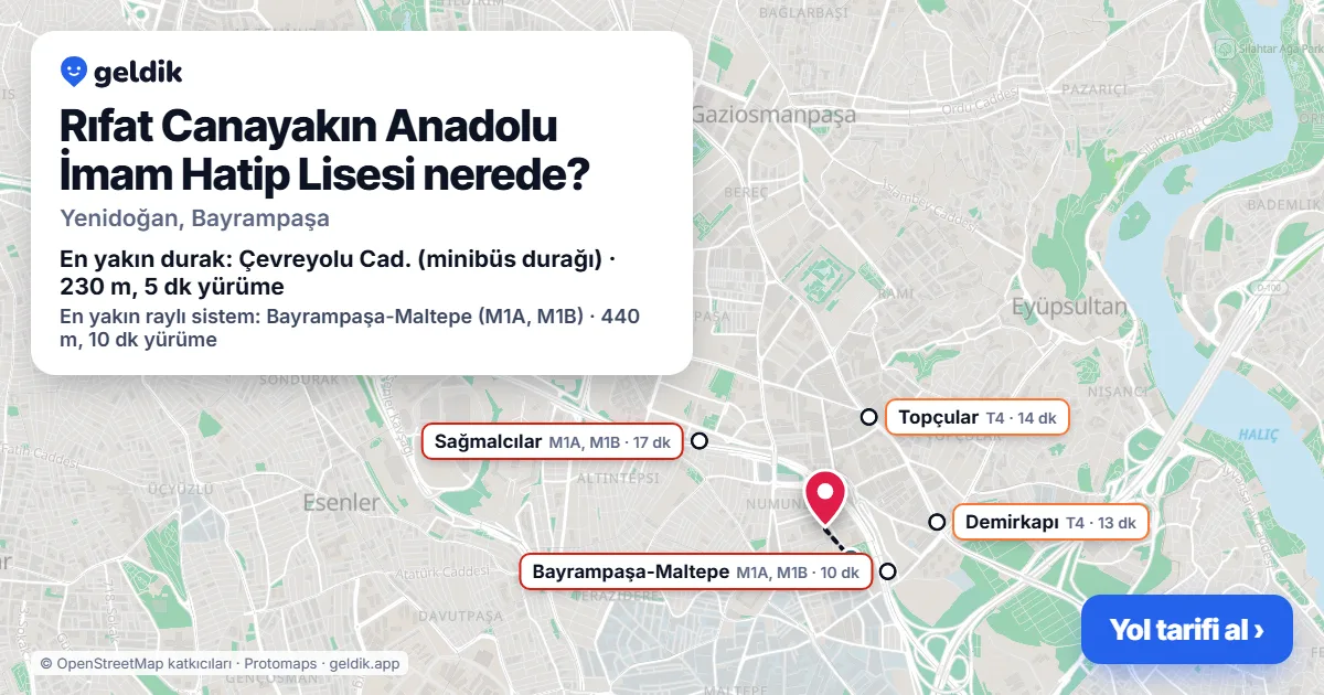 Where is Rıfat Canayakın Anadolu İmam Hatip Lisesi: map with its location and the nearest stops, with walking times