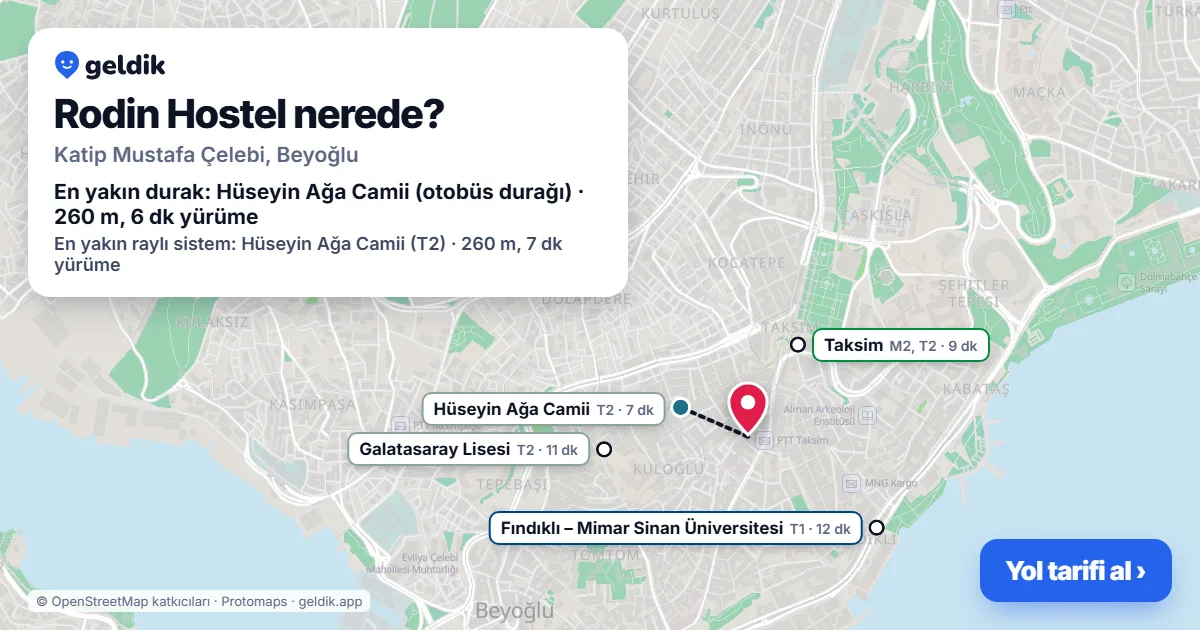 Where is Rodin Hostel: map with its location and the nearest stops, with walking times