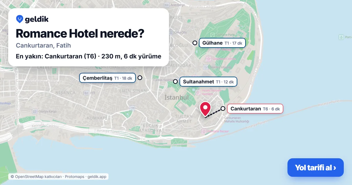 Romance Hotel nerede: haritada konumu ve en yakın duraklar, yürüme süreleriyle