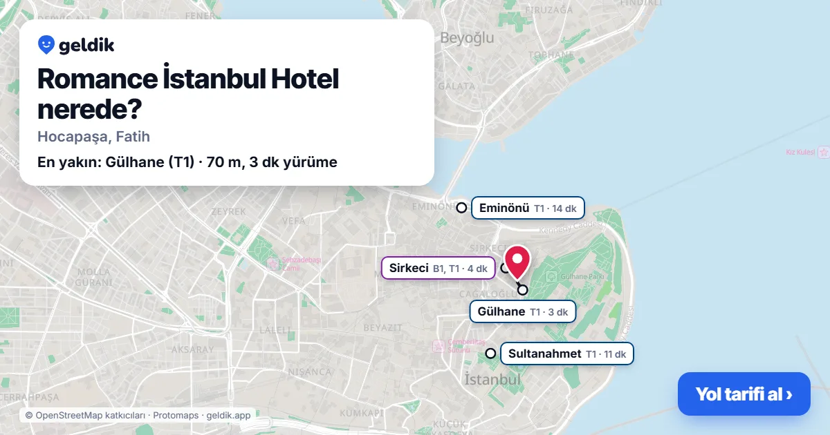 Where is Romance İstanbul Hotel: map with its location and the nearest stops, with walking times
