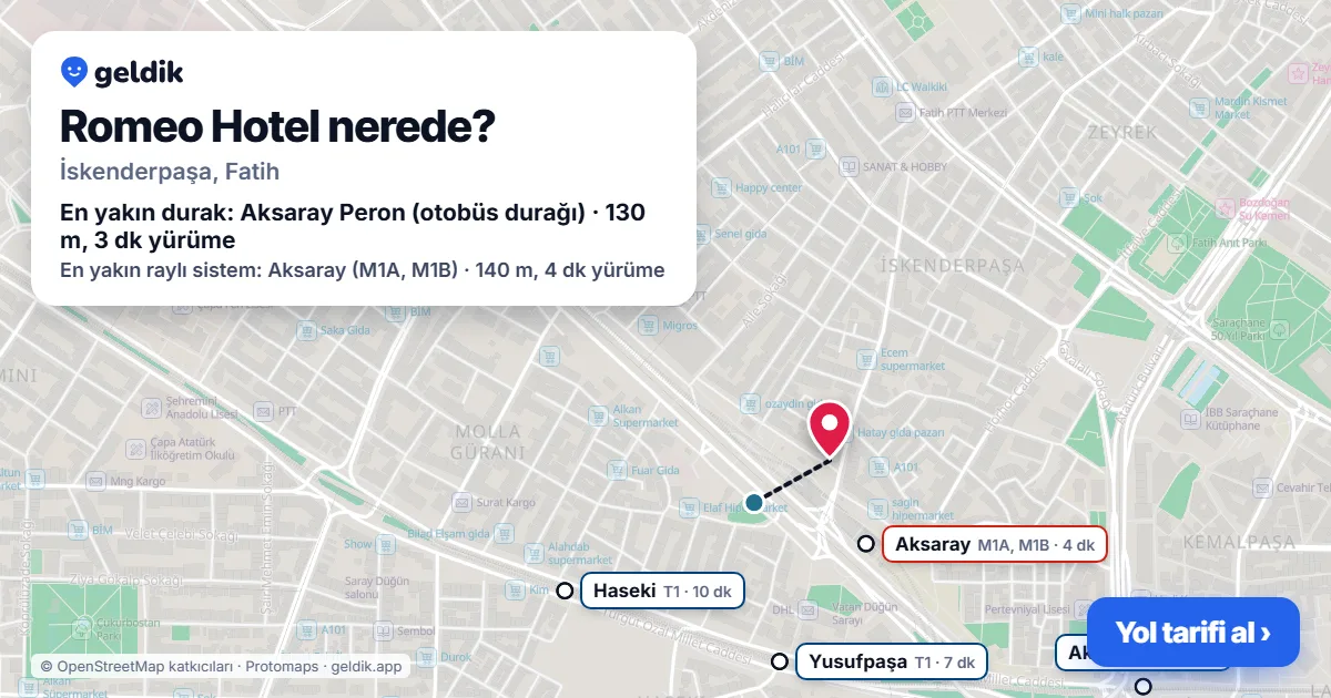 Romeo Hotel nerede: haritada konumu ve en yakın duraklar, yürüme süreleriyle