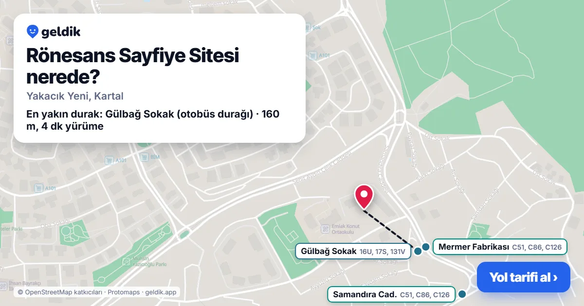 Rönesans Sayfiye Sitesi nerede: haritada konumu ve en yakın duraklar, yürüme süreleriyle