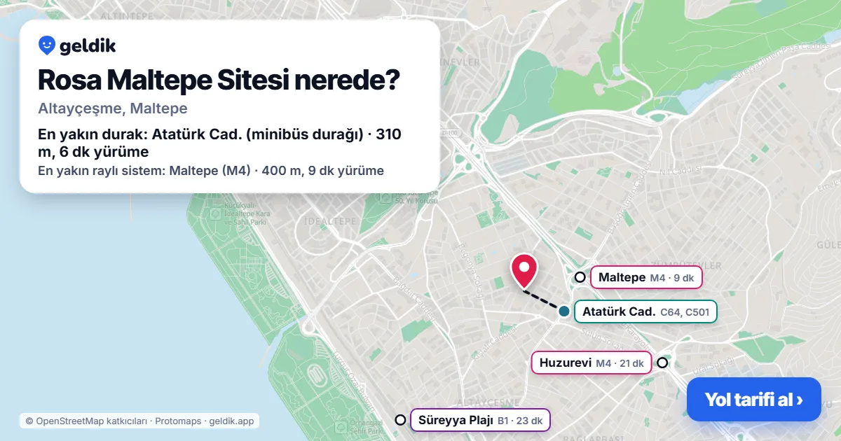 Where is Rosa Maltepe Sitesi: map with its location and the nearest stops, with walking times