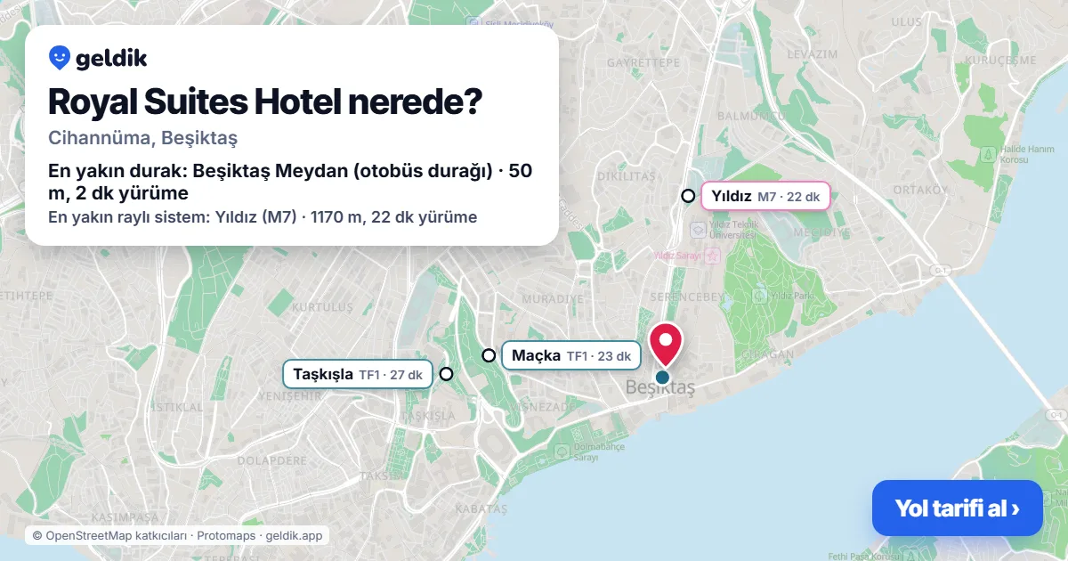 Royal Suites Hotel nerede: haritada konumu ve en yakın duraklar, yürüme süreleriyle
