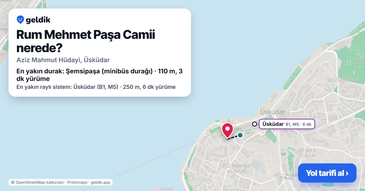 Rum Mehmet Paşa Camii nerede: haritada konumu ve en yakın duraklar, yürüme süreleriyle