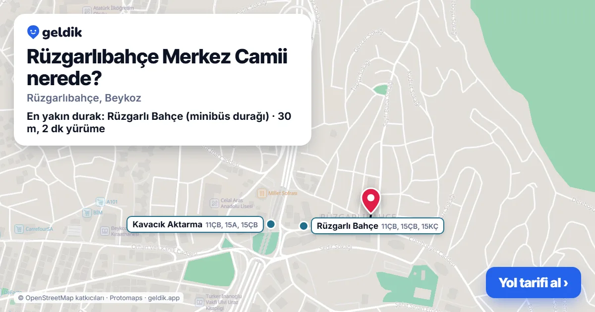 Rüzgarlıbahçe Merkez Camii nerede: haritada konumu ve en yakın duraklar, yürüme süreleriyle