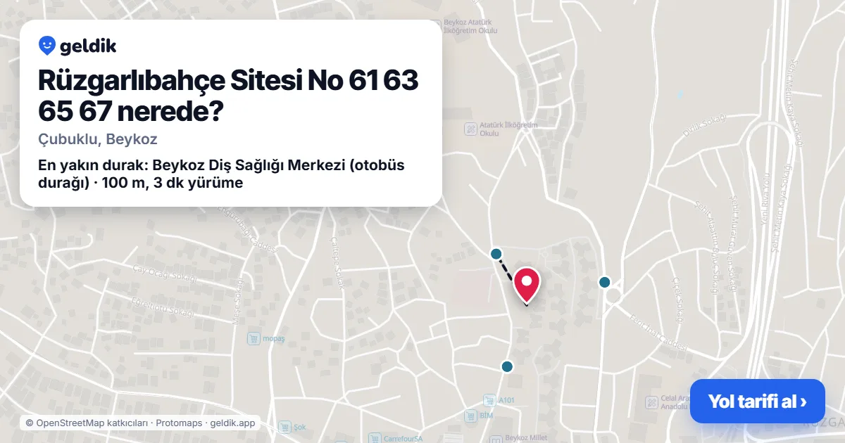 Rüzgarlıbahçe Sitesi No 61 63 65 67 nerede: haritada konumu ve en yakın duraklar, yürüme süreleriyle