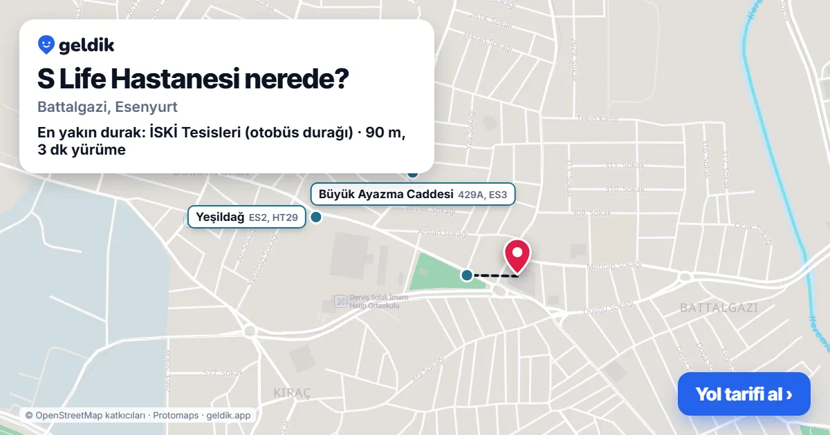 S Life Hastanesi nerede: haritada konumu ve en yakın duraklar, yürüme süreleriyle