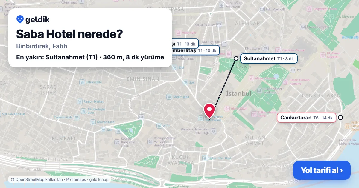 Saba Hotel nerede: haritada konumu ve en yakın duraklar, yürüme süreleriyle
