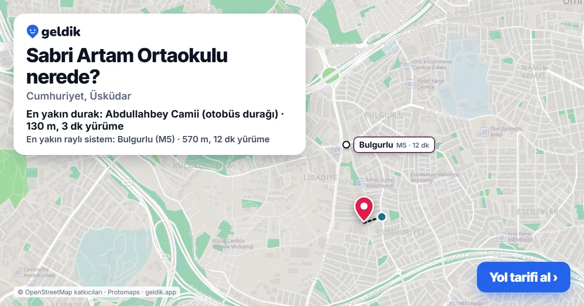 Sabri Artam Ortaokulu nerede: haritada konumu ve en yakın duraklar, yürüme süreleriyle