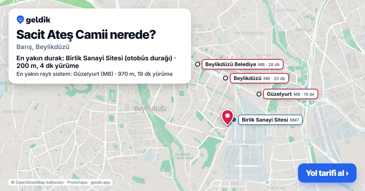 Where is Sacit Ateş Camii: map with its location and the nearest stops, with walking times