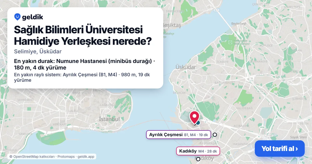 Where is University of Health Sciences Hamidiye Campus: map with its location and the nearest stops, with walking times