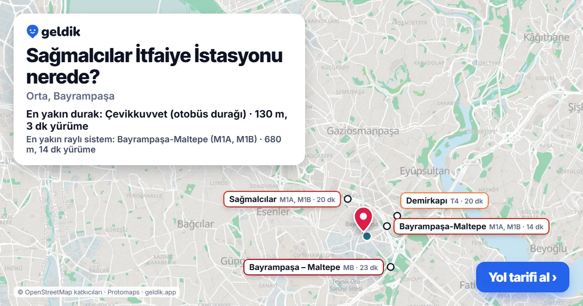 Sağmalcılar İtfaiye İstasyonu nerede: haritada konumu ve en yakın duraklar, yürüme süreleriyle