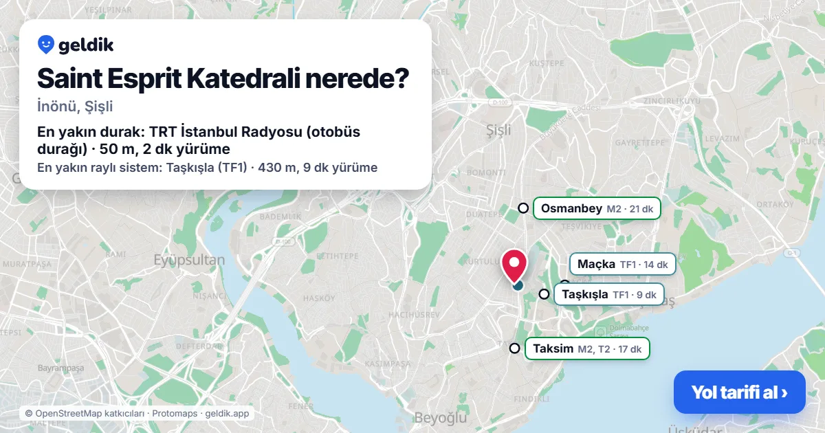 Saint Esprit Katedrali nerede: haritada konumu ve en yakın duraklar, yürüme süreleriyle