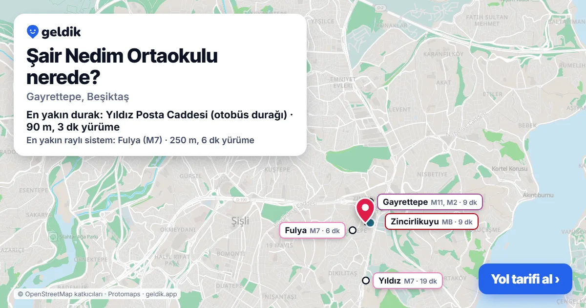 Where is Şair Nedim Ortaokulu: map with its location and the nearest stops, with walking times