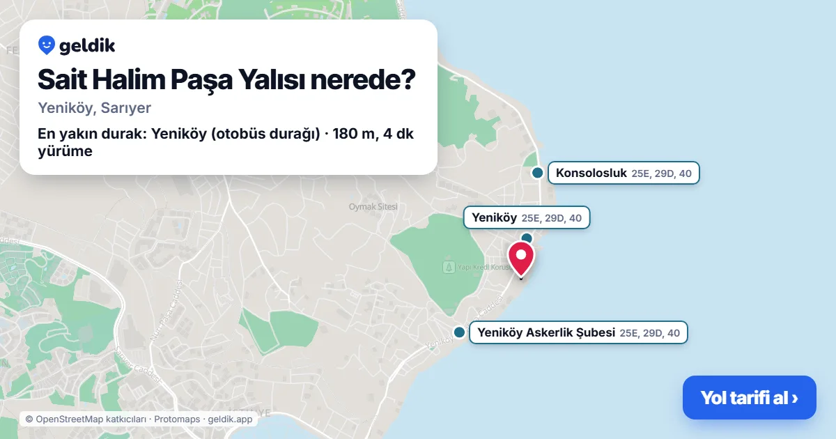 Sait Halim Paşa Yalısı nerede: haritada konumu ve en yakın duraklar, yürüme süreleriyle