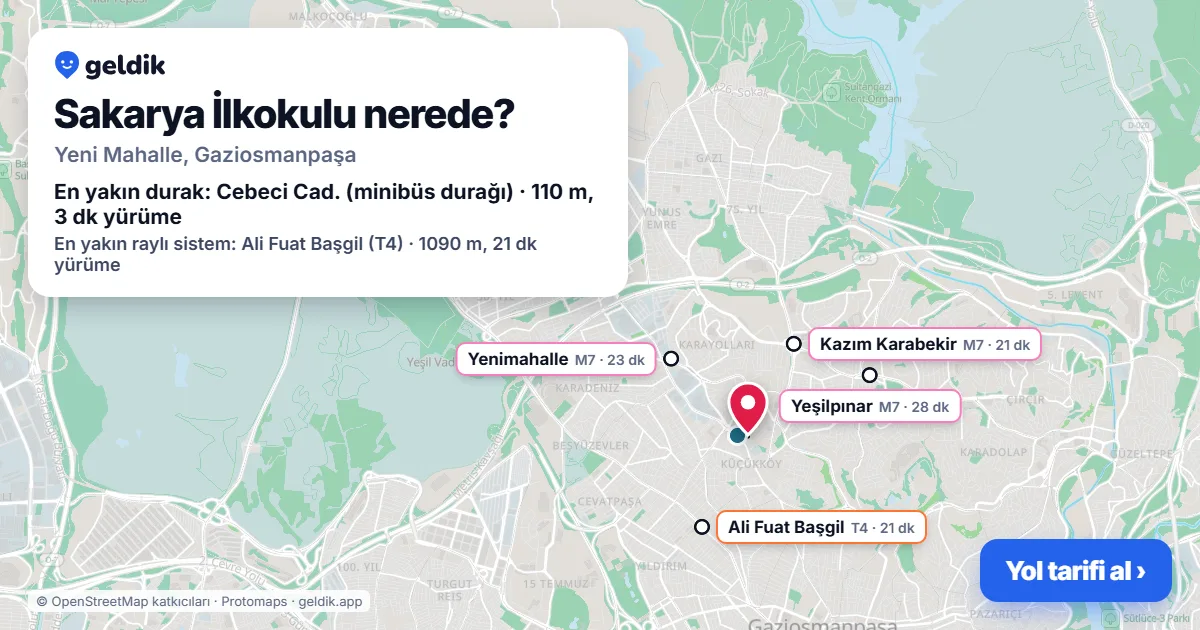 Sakarya İlkokulu nerede: haritada konumu ve en yakın duraklar, yürüme süreleriyle