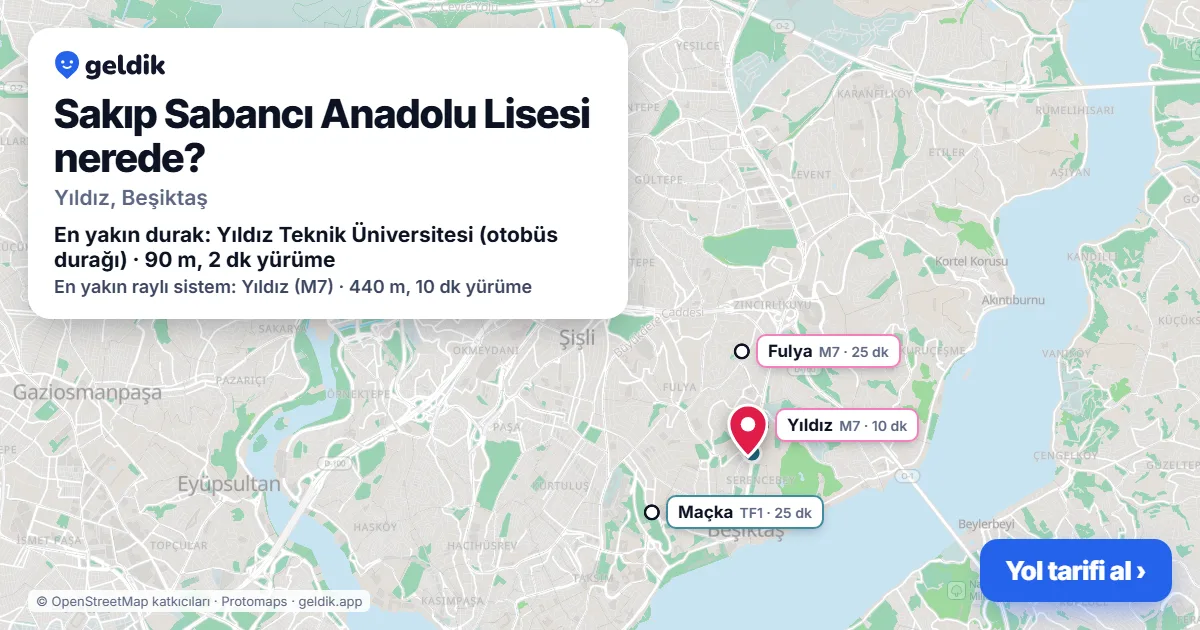 Sakıp Sabancı Anadolu Lisesi nerede: haritada konumu ve en yakın duraklar, yürüme süreleriyle