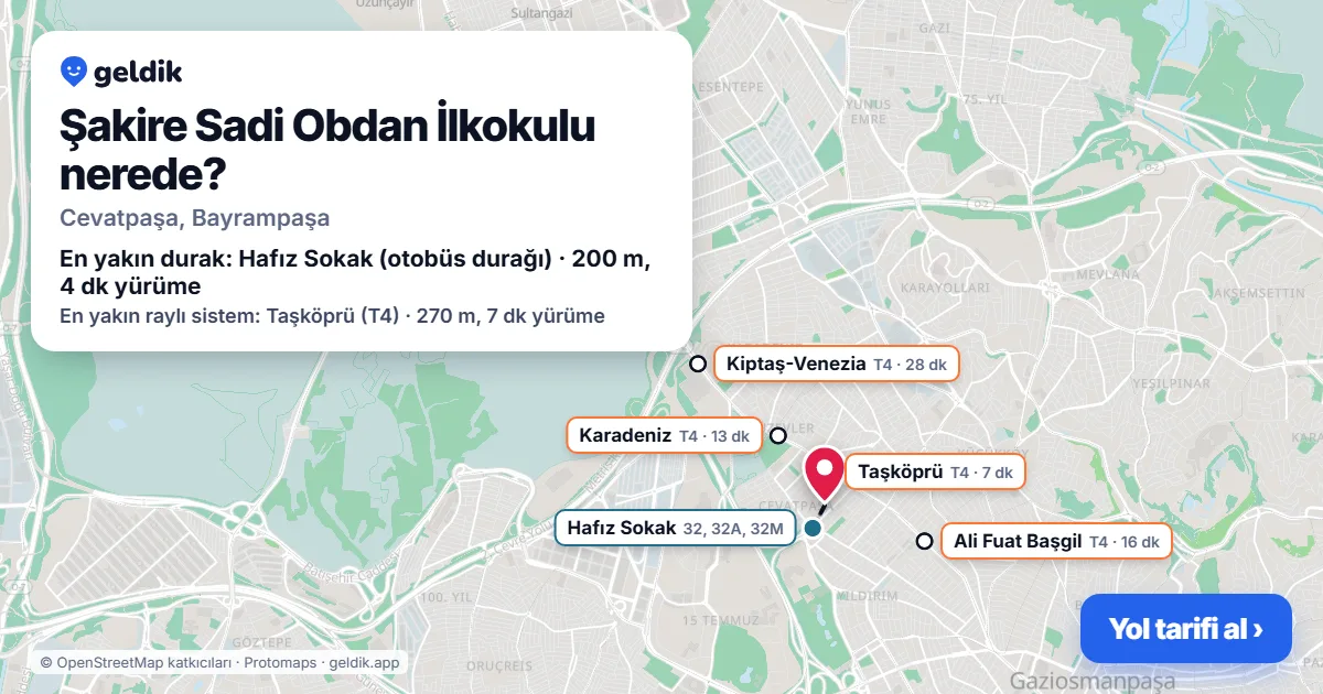 Şakire Sadi Obdan İlkokulu nerede: haritada konumu ve en yakın duraklar, yürüme süreleriyle