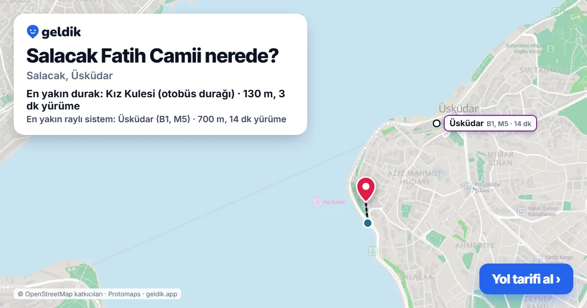 Salacak Fatih Camii nerede: haritada konumu ve en yakın duraklar, yürüme süreleriyle
