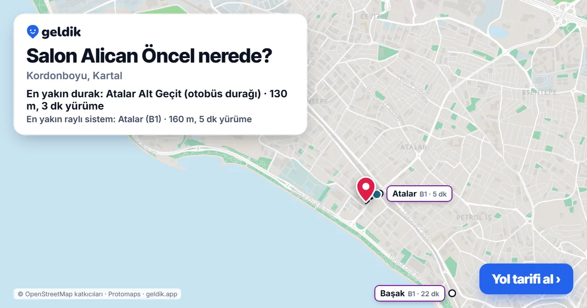 Salon Alican Öncel nerede: haritada konumu ve en yakın duraklar, yürüme süreleriyle