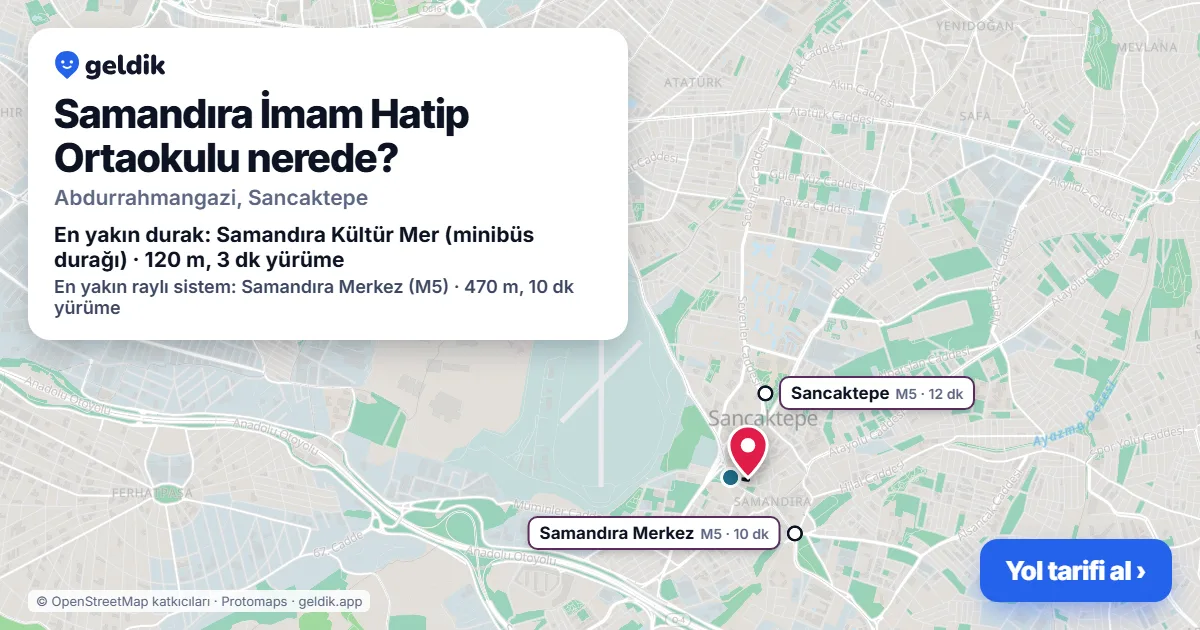Samandıra İmam Hatip Ortaokulu nerede: haritada konumu ve en yakın duraklar, yürüme süreleriyle