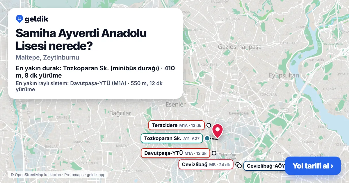 Samiha Ayverdi Anadolu Lisesi nerede: haritada konumu ve en yakın duraklar, yürüme süreleriyle