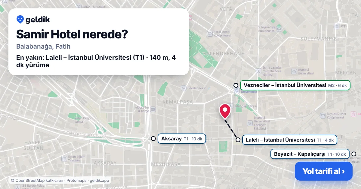 Where is Samir Hotel: map with its location and the nearest stops, with walking times