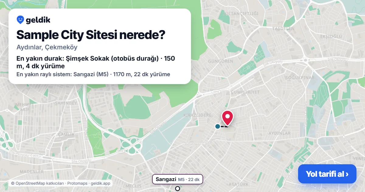 Sample City Sitesi nerede: haritada konumu ve en yakın duraklar, yürüme süreleriyle