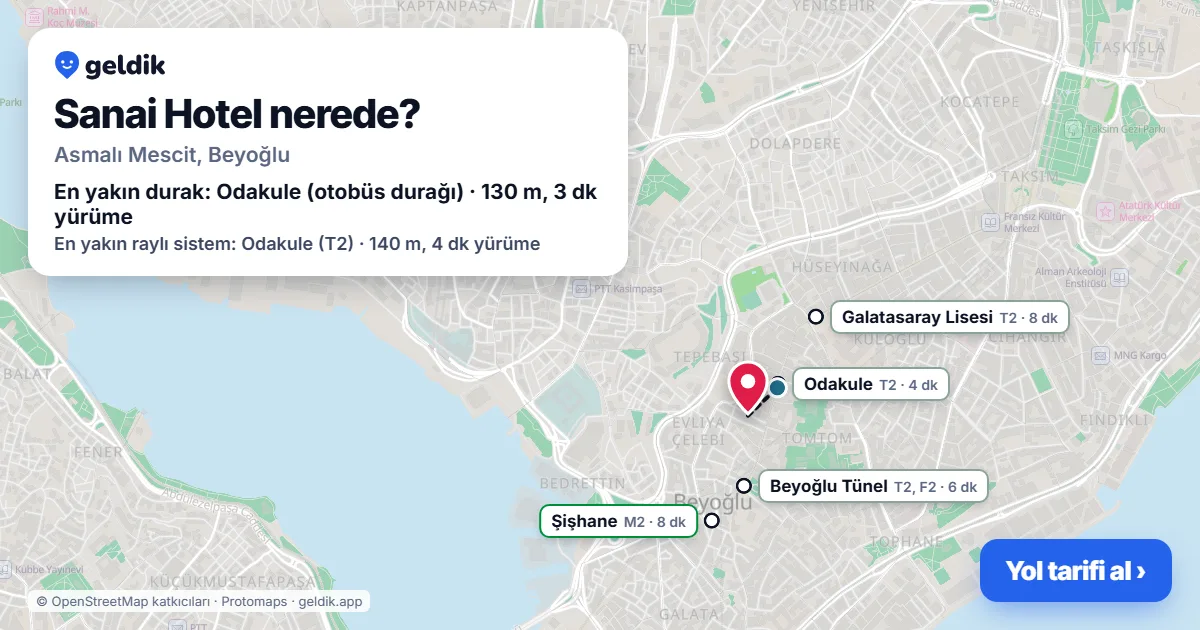 Sanai Hotel nerede: haritada konumu ve en yakın duraklar, yürüme süreleriyle