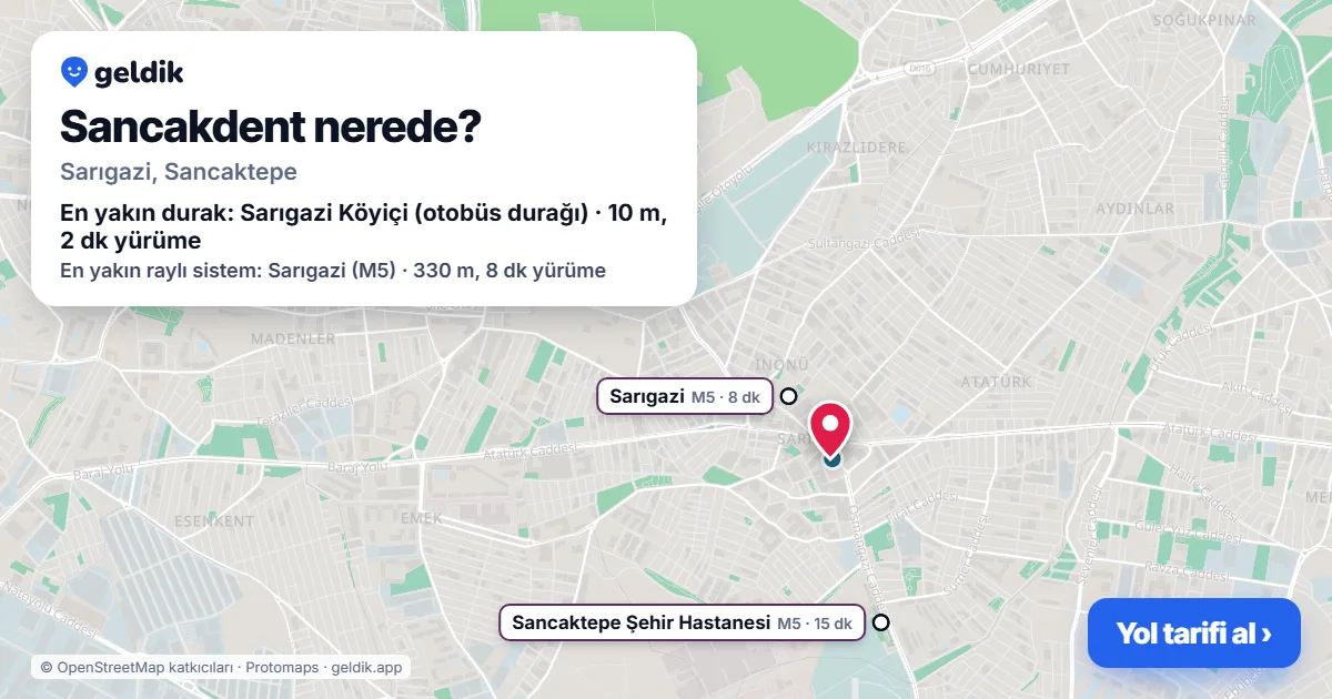 Sancakdent nerede: haritada konumu ve en yakın duraklar, yürüme süreleriyle
