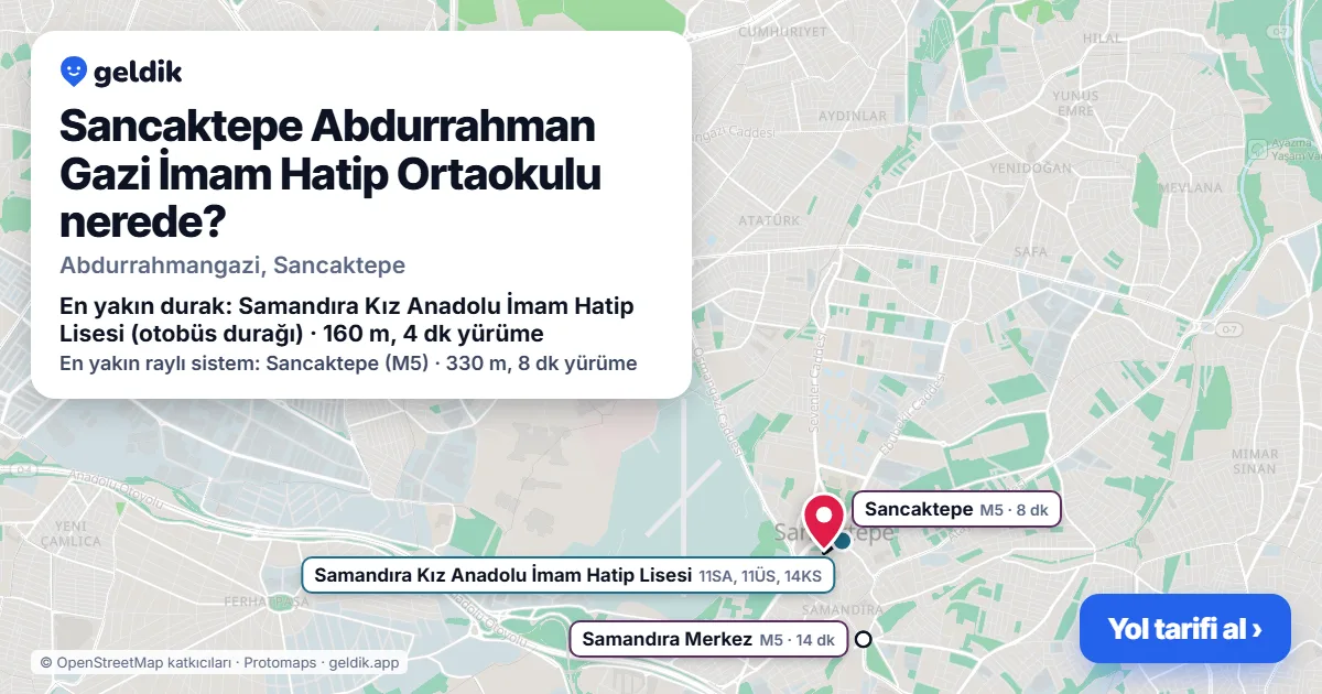 Sancaktepe Abdurrahman Gazi İmam Hatip Ortaokulu nerede: haritada konumu ve en yakın duraklar, yürüme süreleriyle