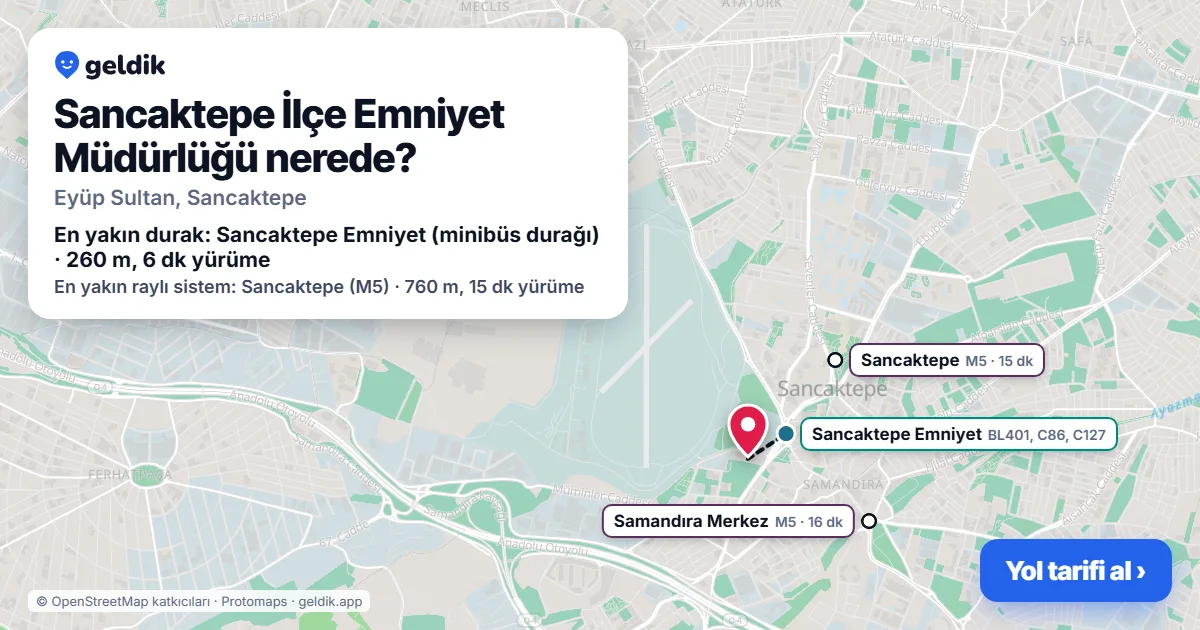 Sancaktepe İlçe Emniyet Müdürlüğü nerede: haritada konumu ve en yakın duraklar, yürüme süreleriyle