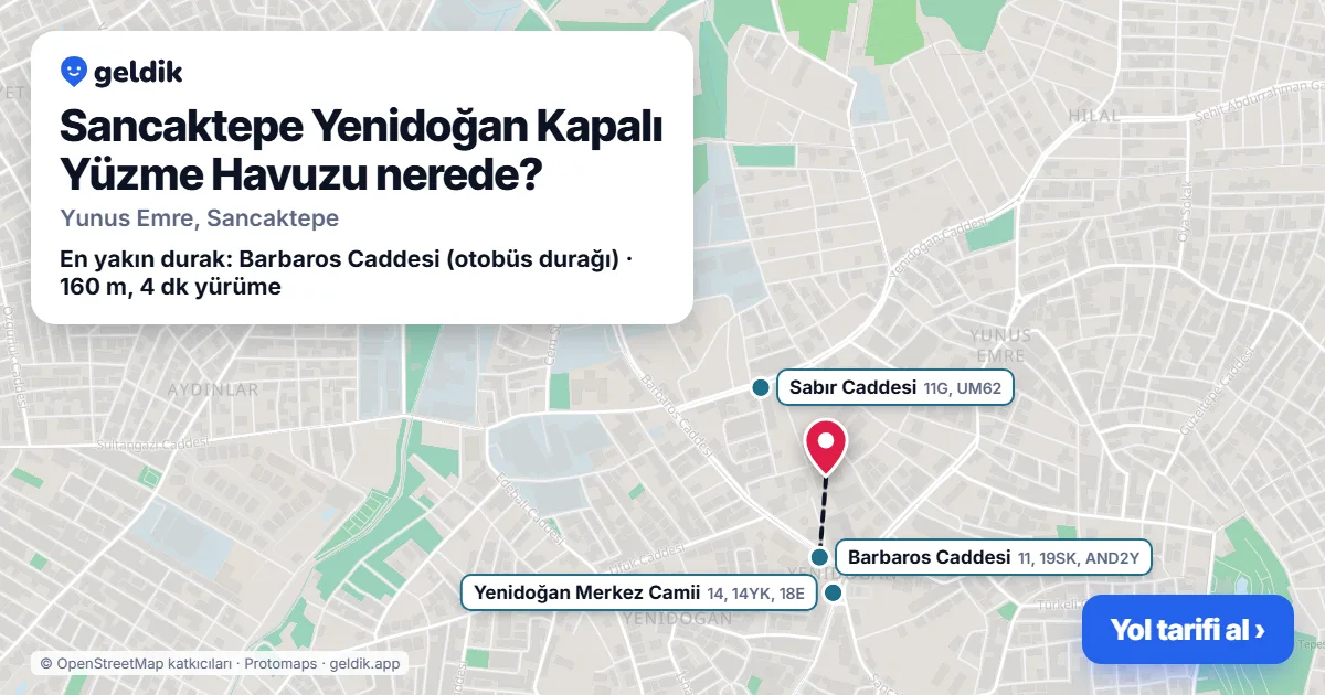 Where is Sancaktepe Yenidoğan Kapalı Yüzme Havuzu: map with its location and the nearest stops, with walking times