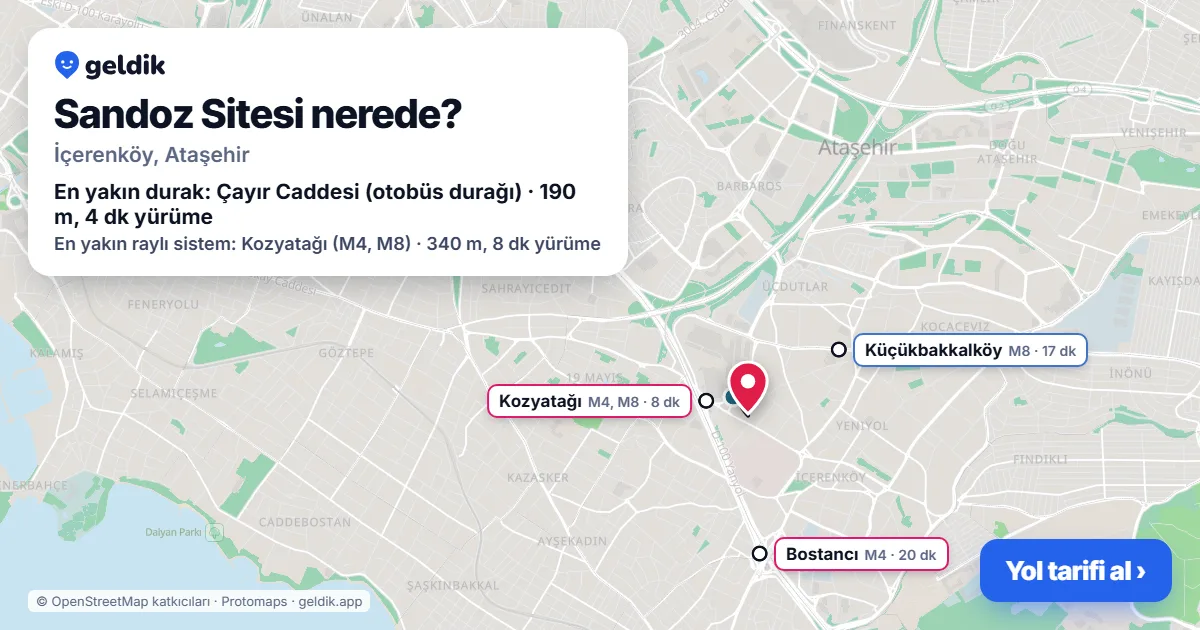 Sandoz Sitesi nerede: haritada konumu ve en yakın duraklar, yürüme süreleriyle