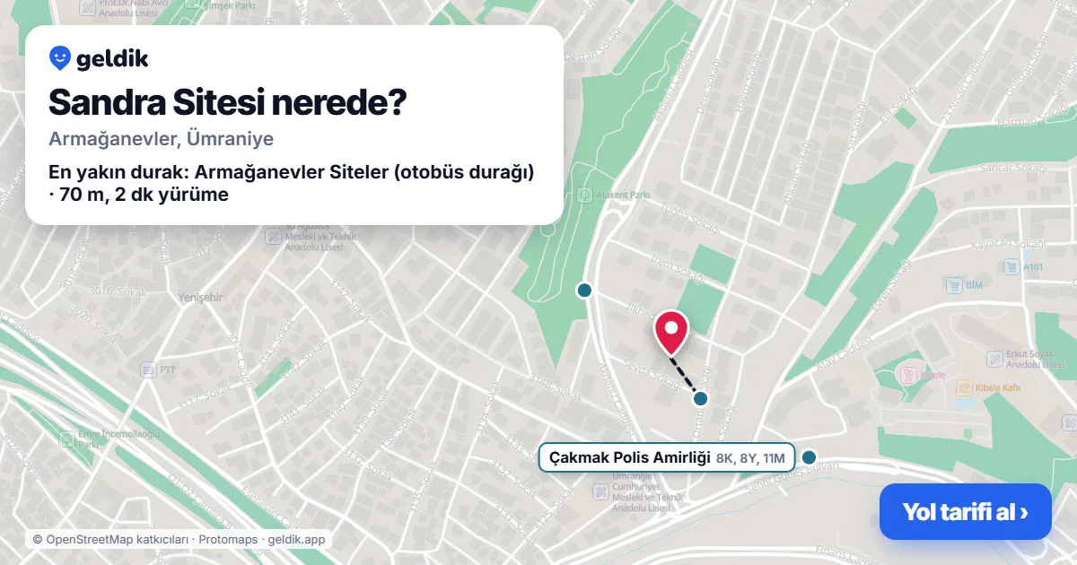 Sandra Sitesi nerede: haritada konumu ve en yakın duraklar, yürüme süreleriyle