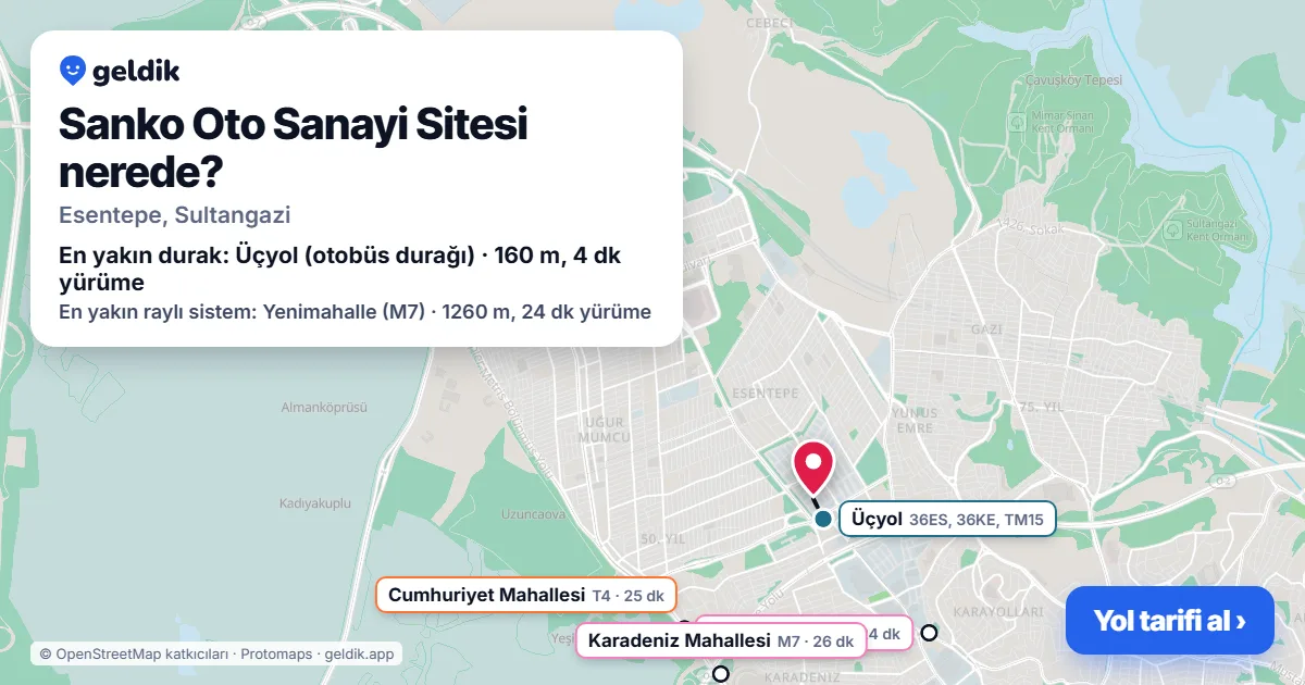 Where is Sanko Oto Sanayi Sitesi: map with its location and the nearest stops, with walking times