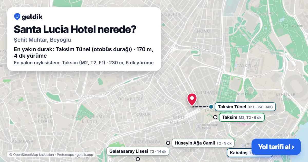 Santa Lucia Hotel nerede: haritada konumu ve en yakın duraklar, yürüme süreleriyle