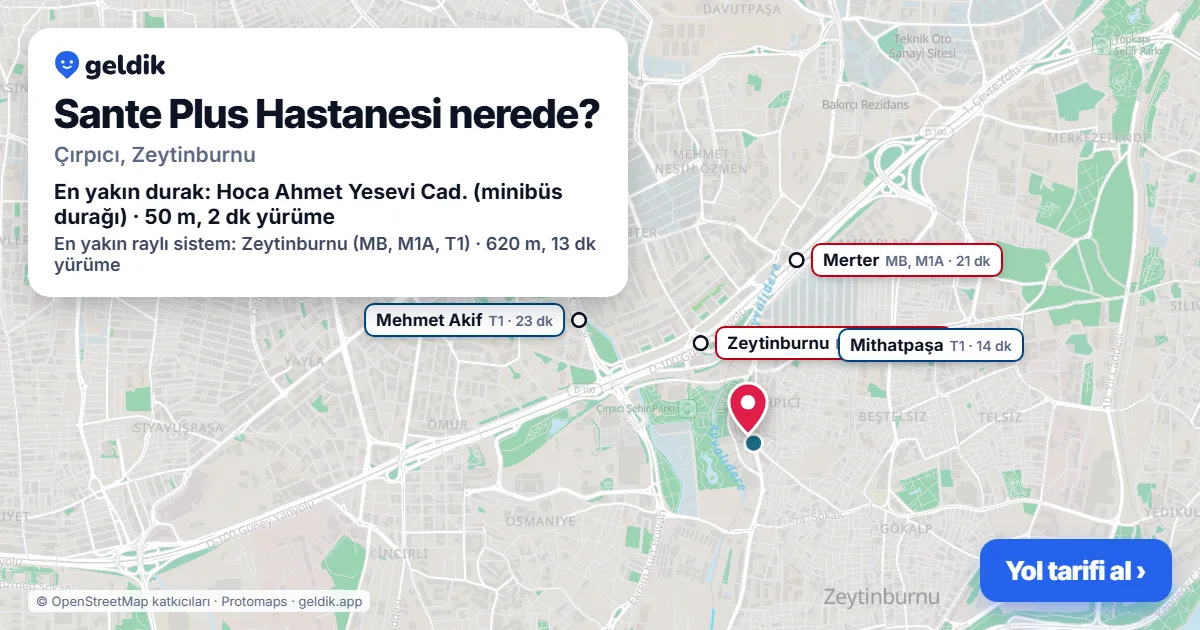 Sante Plus Hastanesi nerede: haritada konumu ve en yakın duraklar, yürüme süreleriyle