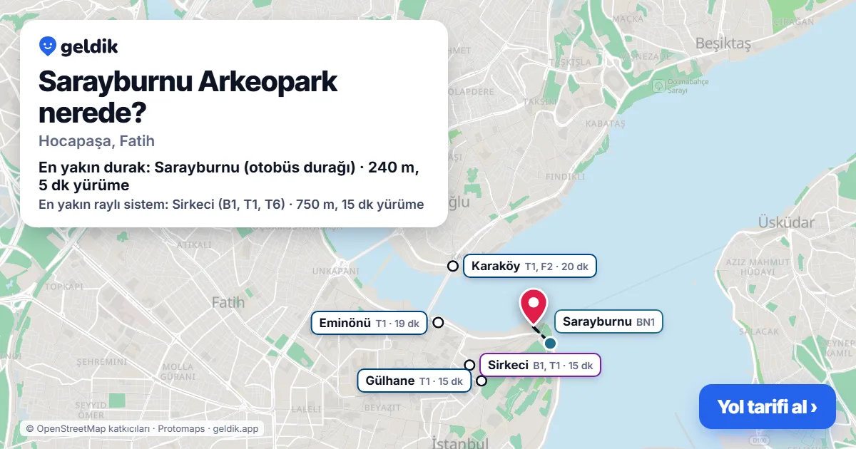 Sarayburnu Arkeopark nerede: haritada konumu ve en yakın duraklar, yürüme süreleriyle