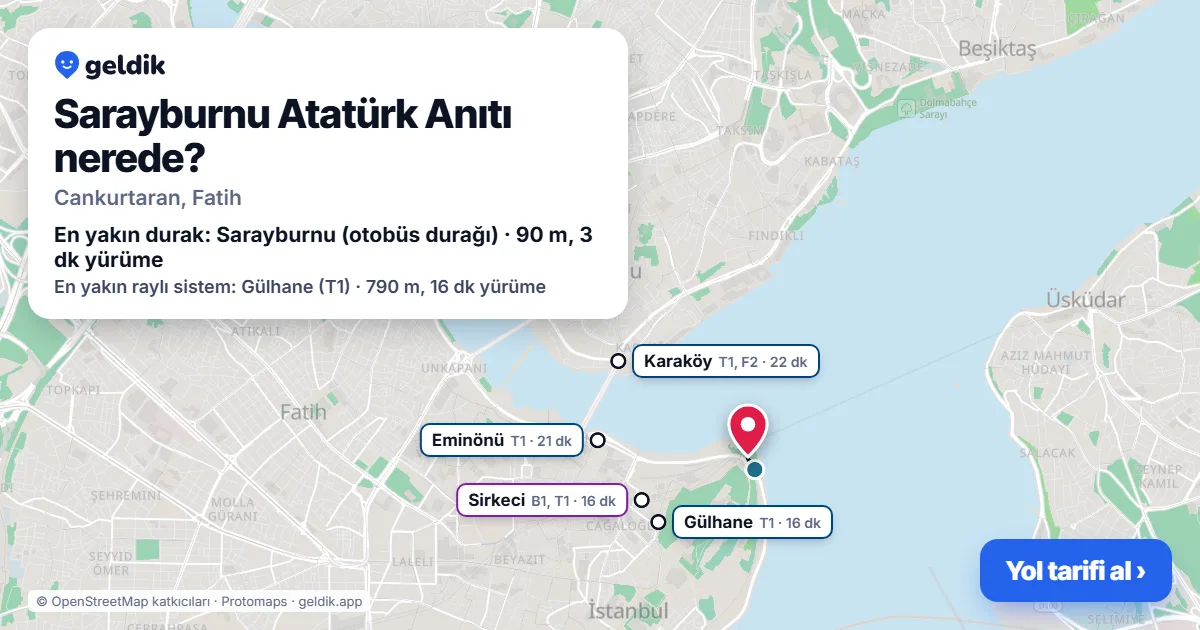 Sarayburnu Atatürk Anıtı nerede: haritada konumu ve en yakın duraklar, yürüme süreleriyle