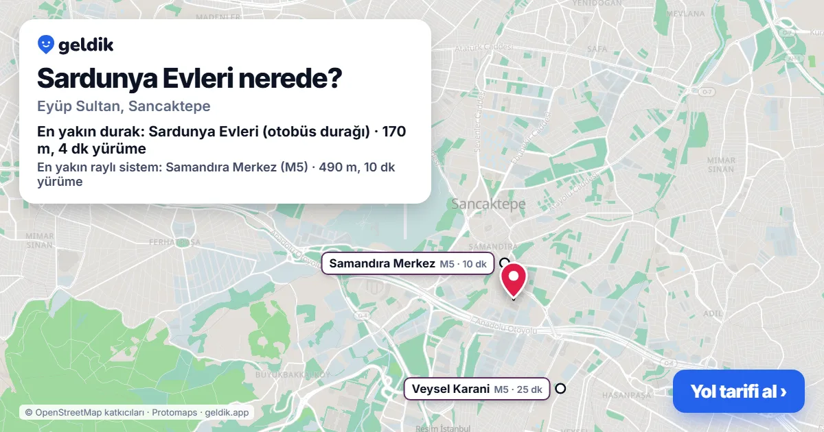 Sardunya Evleri nerede: haritada konumu ve en yakın duraklar, yürüme süreleriyle
