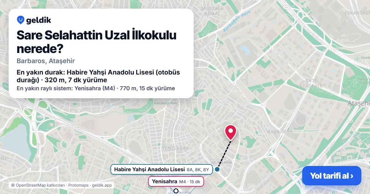 Sare Selahattin Uzal İlkokulu nerede: haritada konumu ve en yakın duraklar, yürüme süreleriyle